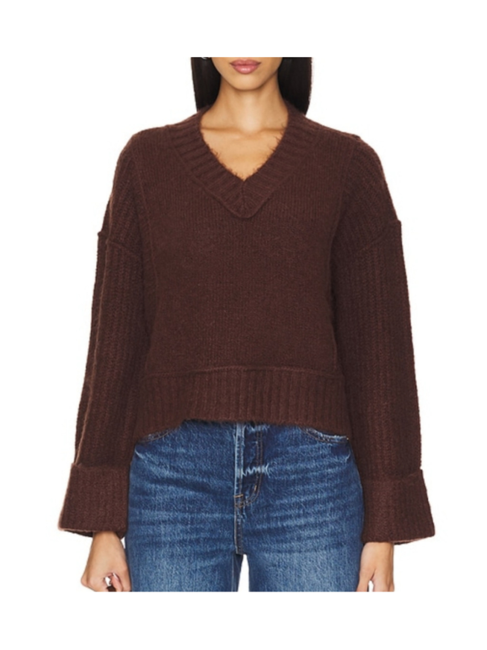 Pistola Joy Sweater Dark Roast Brown Boxy Cropped V-Neck Minimalist Medium